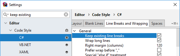 JetBrains Rider: keep existing formatting for selected rules