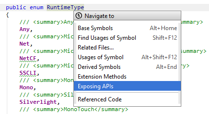 JetBrains Rider: Navigating to exposing APIs of a symbol