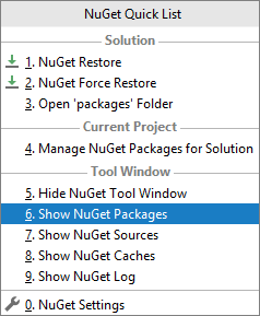 JetBrains Rider: NuGet quick list