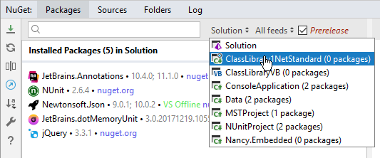 JetBrains Rider: choosing a project to manage NuGet packages