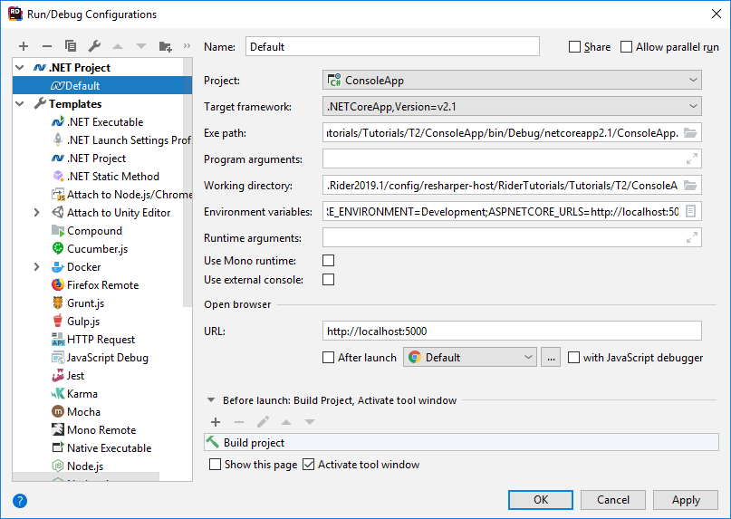 JetBrains Rider: Run/debug configurations: .NET Project
