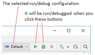 JetBrains Rider: run/debug configuration controls on the toolbar
