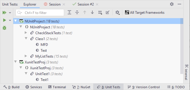 JetBrains Rider: Unit Test Explorer displays tests from the entire solution