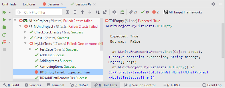 A unit test session displayed in the Unit Tests window