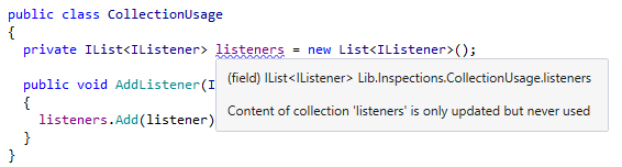 JetBrains Rider warns you that a collection is never read.