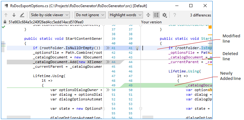 Comparing files in JetBrains Rider diff viewer