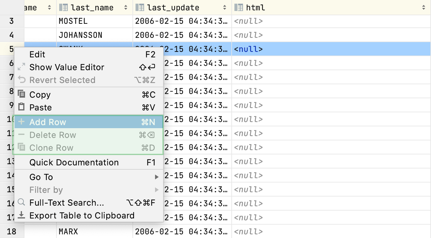 rows in the data editor