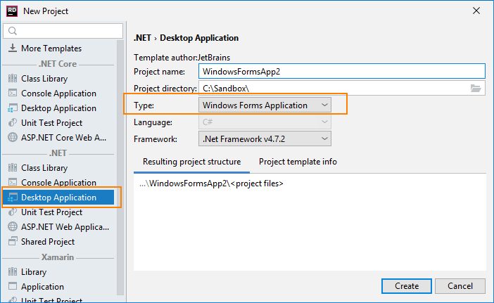 JetBrains Rider: project template for Windows Forms project