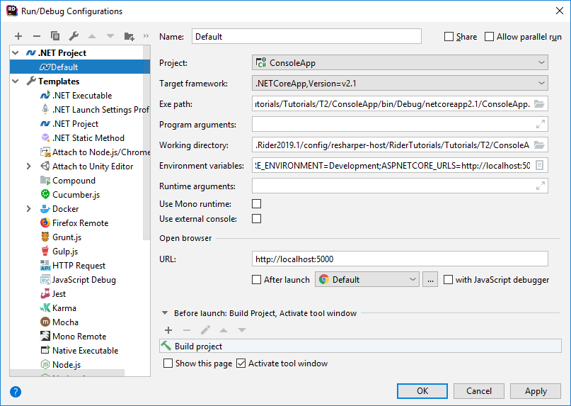 JetBrains Rider: Run/debug configurations: .NET Project