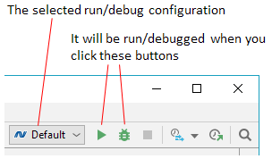 JetBrains Rider: run/debug configuration controls on the toolbar