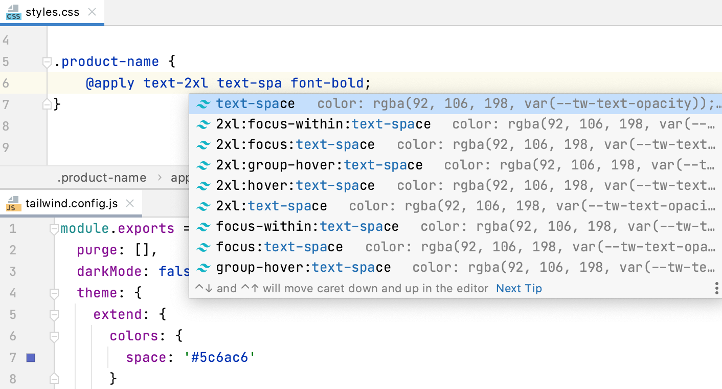 Completion based on customization in tailwind.config.js