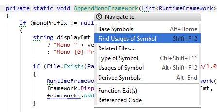 The 'Navigate To' shortcut displays all available navigation options for the current symbol