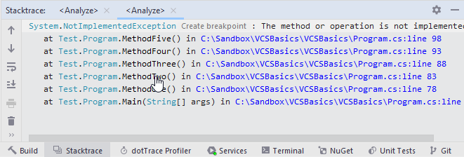 Navigating from stack trace to exception