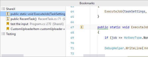 JetBrains Rider: Line bookmarks in the Bookmarks popup