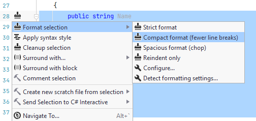 JetBrains Rider: Compact, spacious, and strict format for code blocks