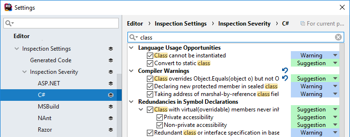 Changing inspection severity in the JetBrains Rider Settings dialog