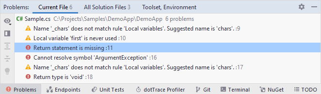 JetBrains Rider: Problems tool window. Current File tab