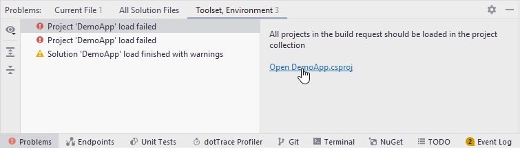 JetBrains Rider: Problems window. Toolset, Environment tab