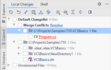 The Merge Conflicts node in the Local Changes view