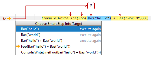 JetBrains Rider: Smart step into - stepping into selected call