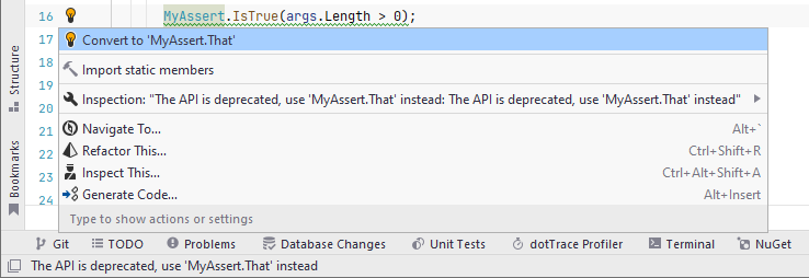 JetBrains Rider: Using [CodeTemplate] attribute to suggest migration fixes for deprecated APIs