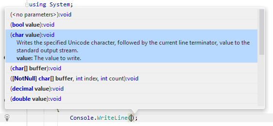 Viewing available method signatures using the JetBrains Rider's parameter information tooltip