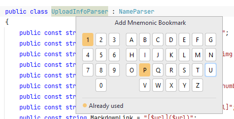 JetBrains Rider: Adding a mnemonic bookmark, selecting an identifier