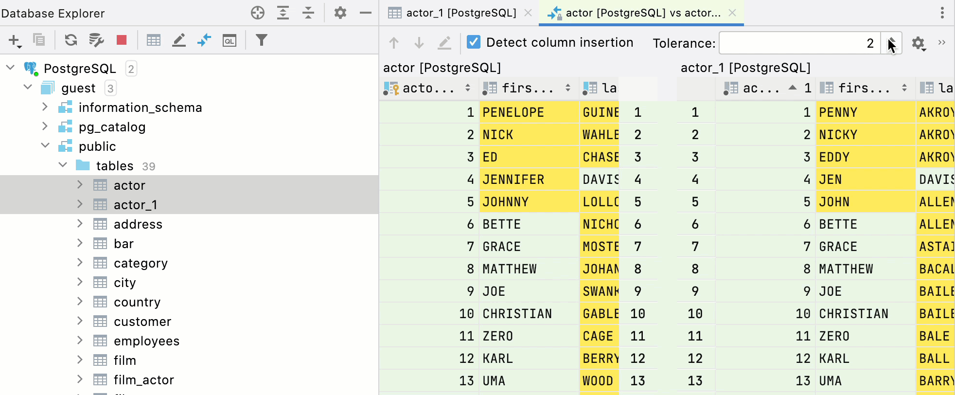 Compare two tables from the Database tool window
