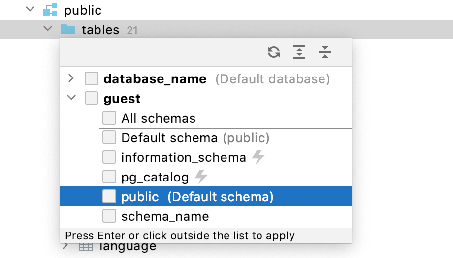 Popup with available schemas