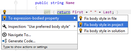 JetBrains Rider. 'To expression body' quick-fix