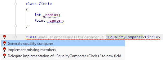 JetBrains Rider: Generate equality comparer quick-fix