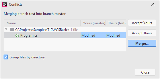 JetBrains Rider: VCS operation conflicts dialog