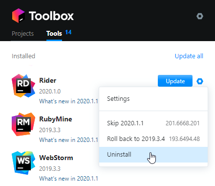 Uninstall JetBrains Rider using the Toolbox App