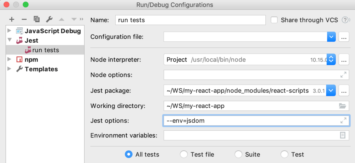 Testing React: Jest run configuration