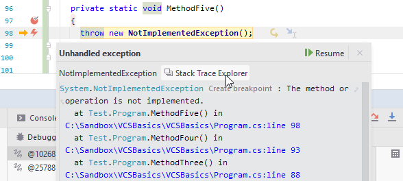 JetBrains Rider: Opening stack trace from exception