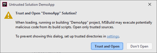 JetBrains Rider. Notification about an untrusted solution