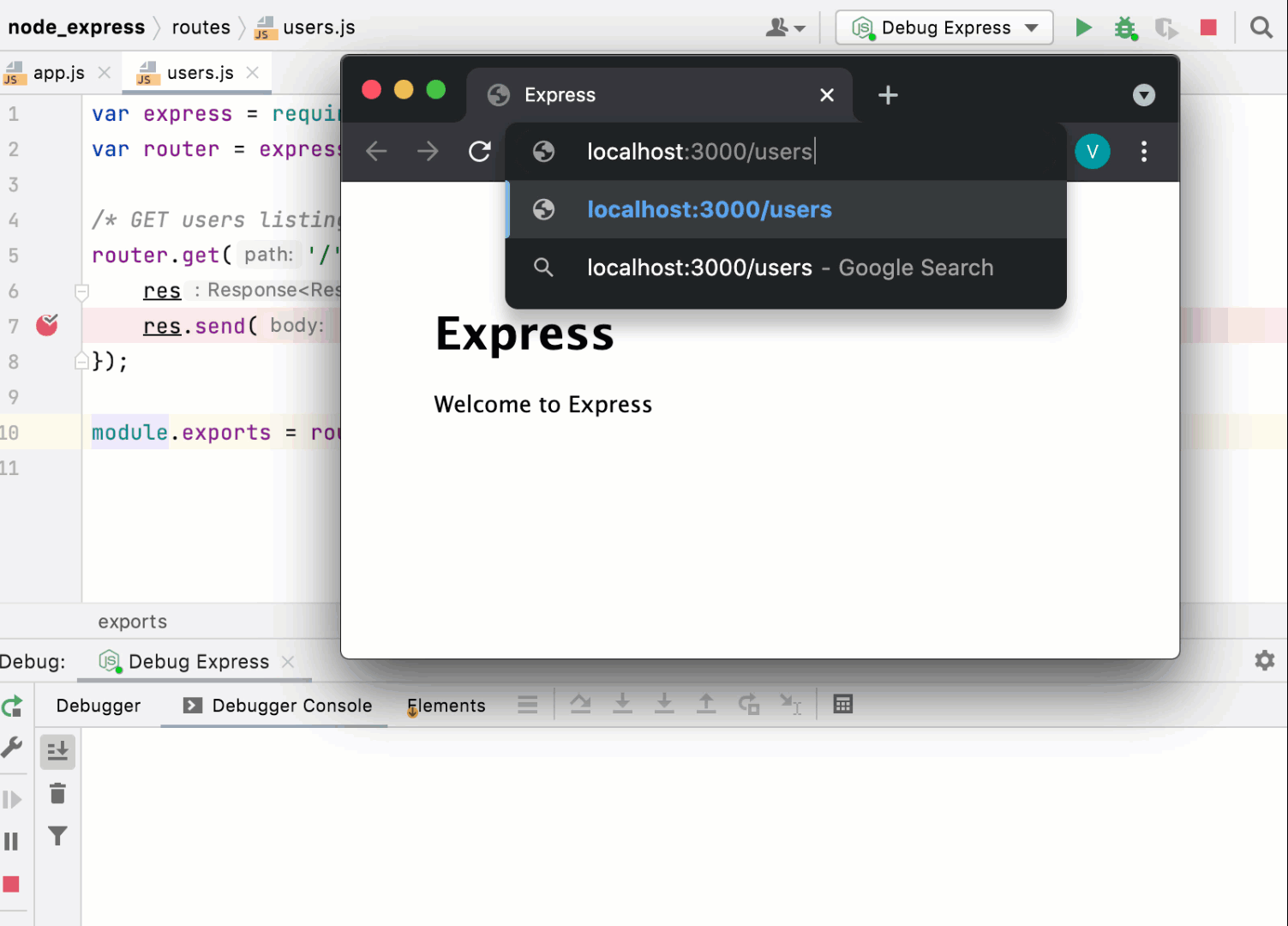 Start and debug a Node.js Express app