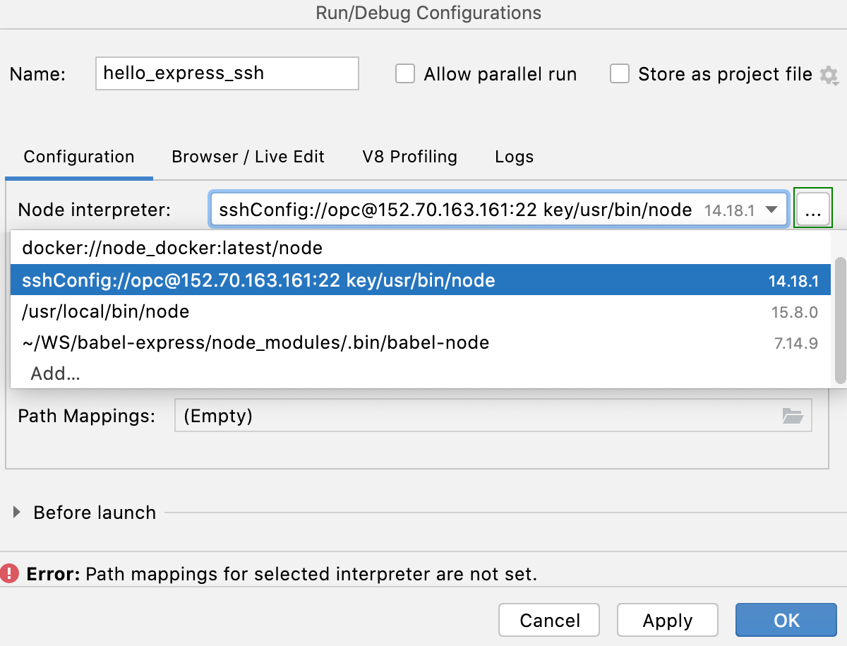 Create Node.js run configuration: select remote Node.js via SSH interpreter