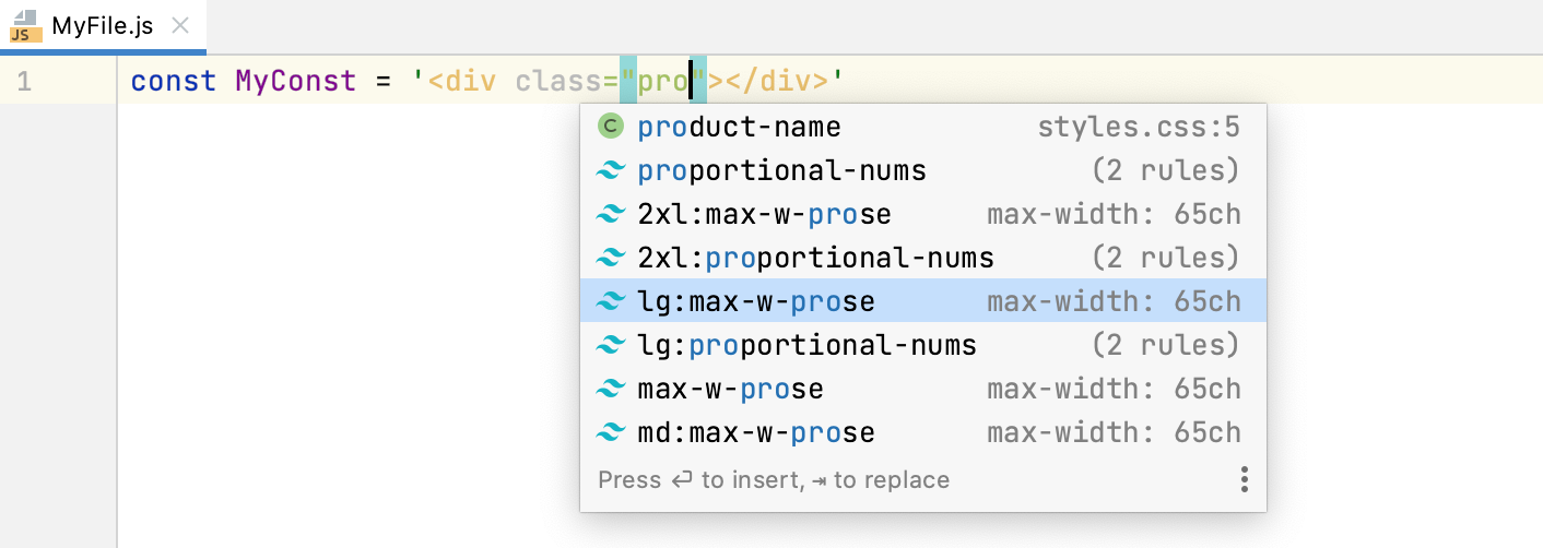 Completion for Tailwind classes in JavaScript string literals