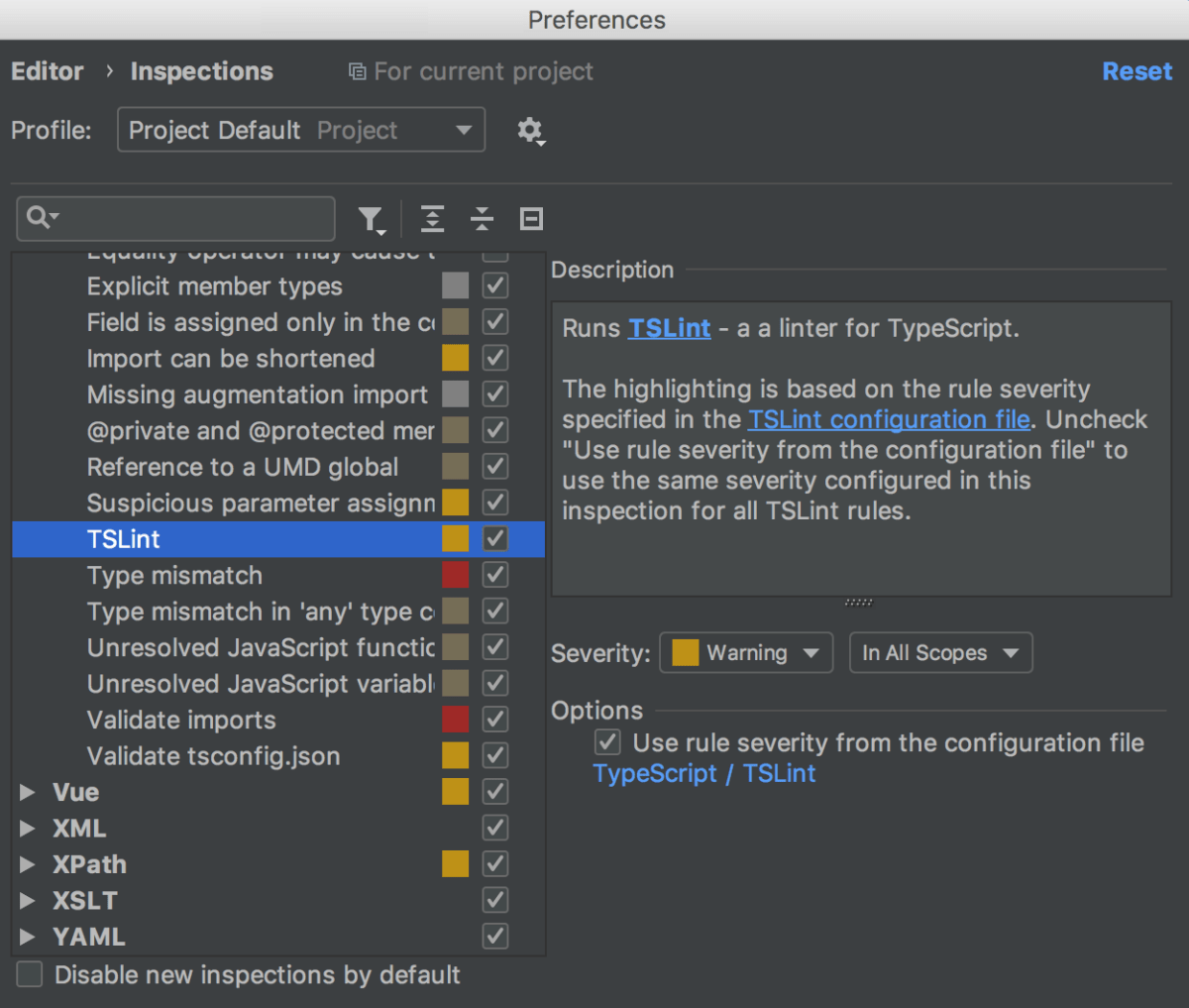 Specifying a custom severity level for TSLint