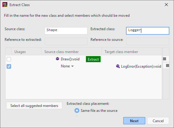 JetBrains Rider. Extract class refactoring