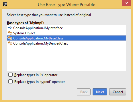 JetBrains Rider: Use Base Type Where Possible refactoring