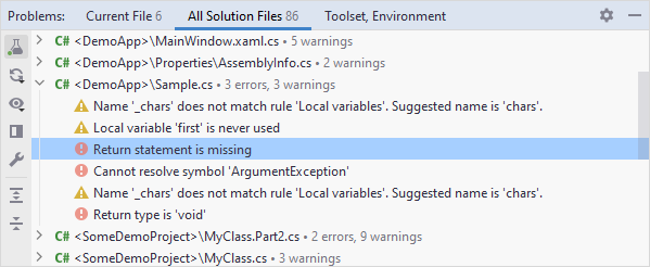 JetBrains Rider: Problems window. Errors in Solution view