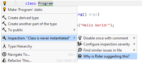 JetBrains Rider: Code inspection options in Alt+Enter menu