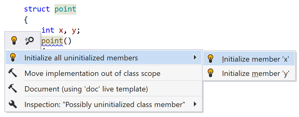 JetBrains Rider C++: quick-fix to initialize members