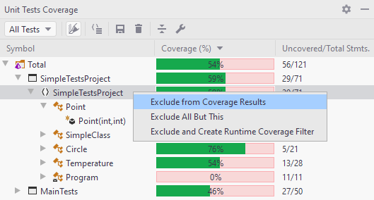 JetBrains Rider: Exclude and create coverage filter