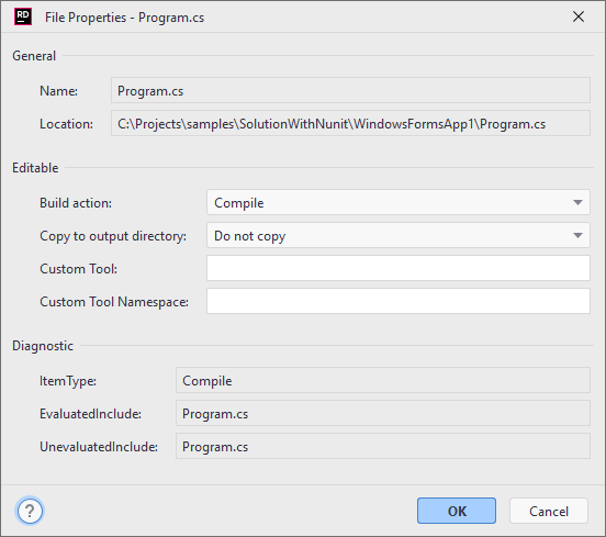 JetBrains Rider: File Properties dialog