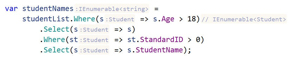 JetBrains Rider: Inlay hints in LINQ expressions
