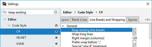 JetBrains Rider: keep existing formatting for selected rules