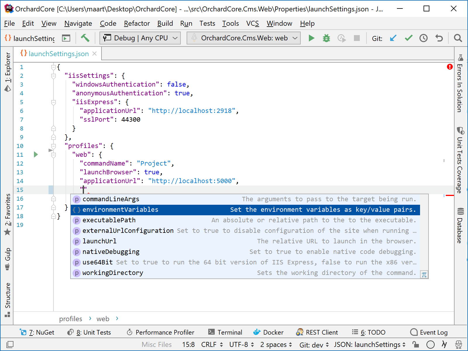 JetBrains Rider: Coding assistance for editing launchSettings.json